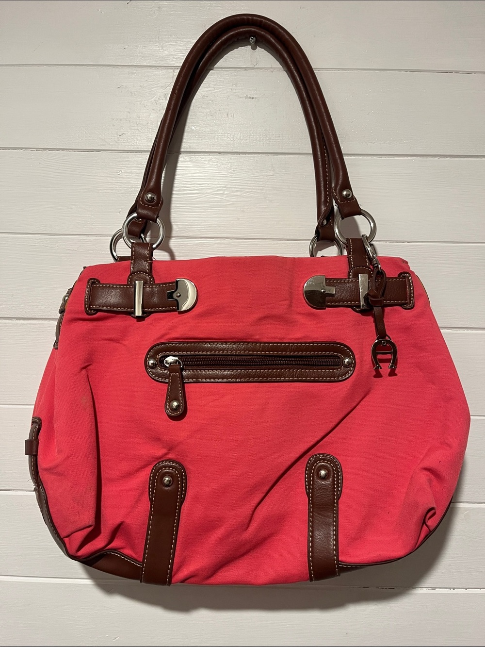 Etienne Aigner Coral Canvas Tote with Brown Leather Accents